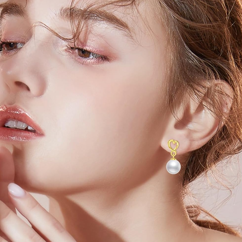 Pendientes colgantes de corazón con perlas y oro de 10 quilates para mujer-4