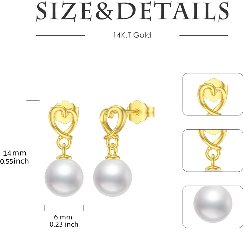 Pendientes colgantes de corazón con perlas y oro de 10 quilates para mujer-5