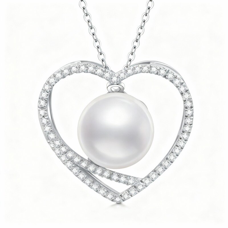 Collar con colgante de corazón de perla en oro blanco de 14 quilates-1