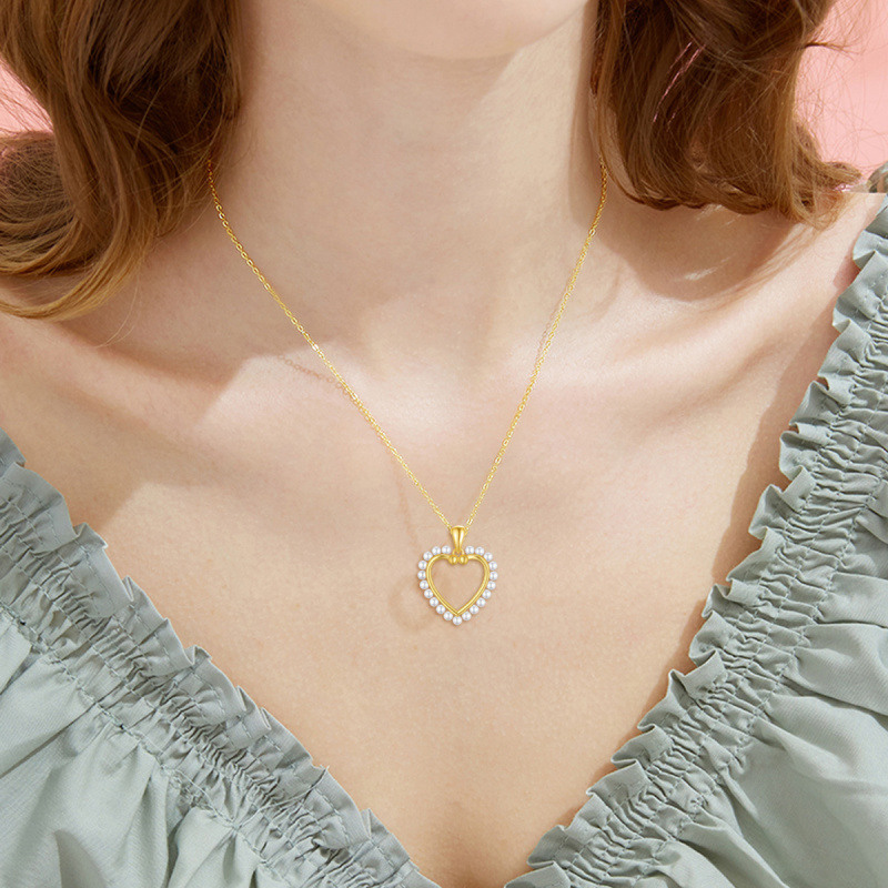 Platinum with White Gold Plated Pearl Heart Pendant Necklace-2