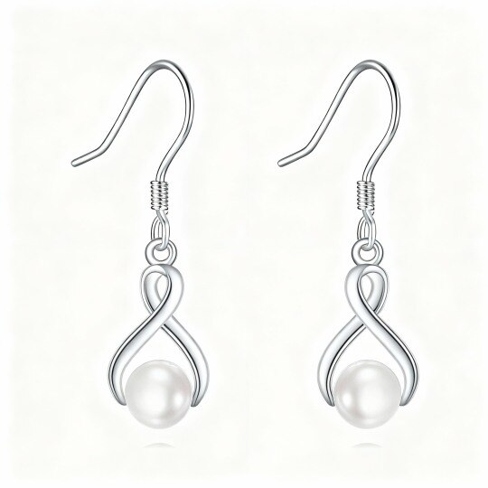 Boucles d'oreilles pendantes en or blanc 10 carats avec perle et symbole de l'infini