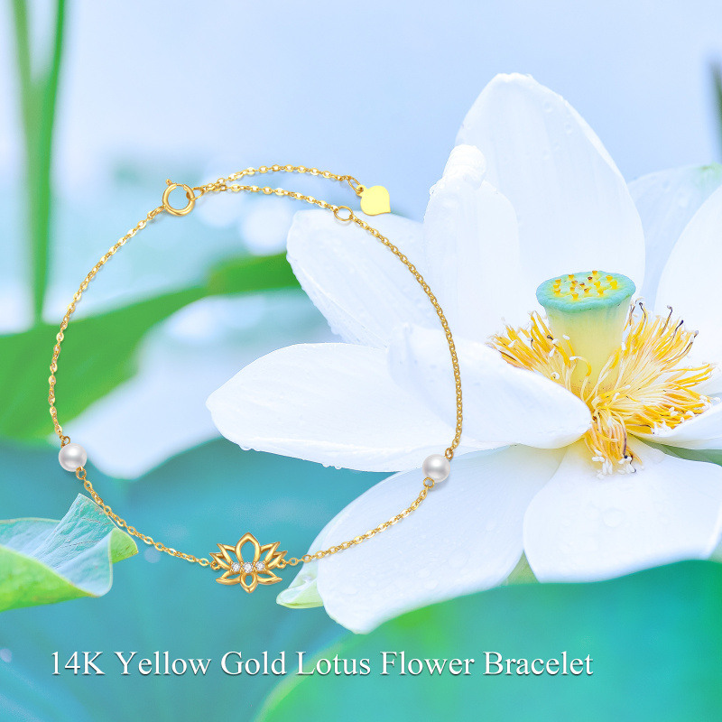 14K Gold Pearl Lotus Charm Bracelet-6