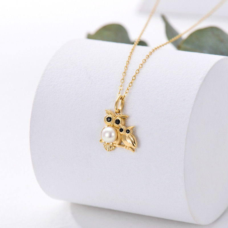 10K Gold Pearl Owl Pendant Necklace-4