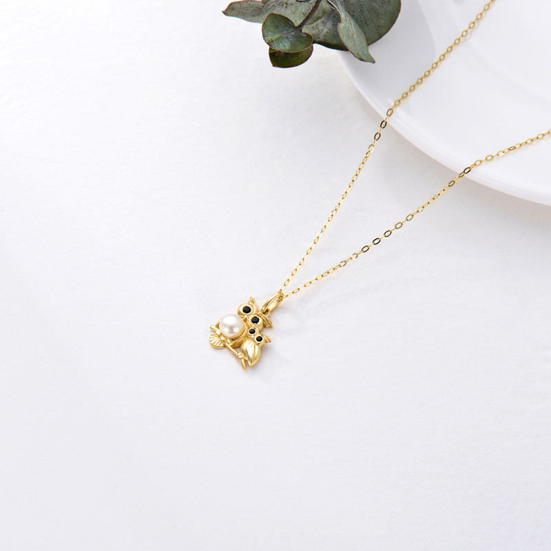 10K Gold Pearl Owl Pendant Necklace-5