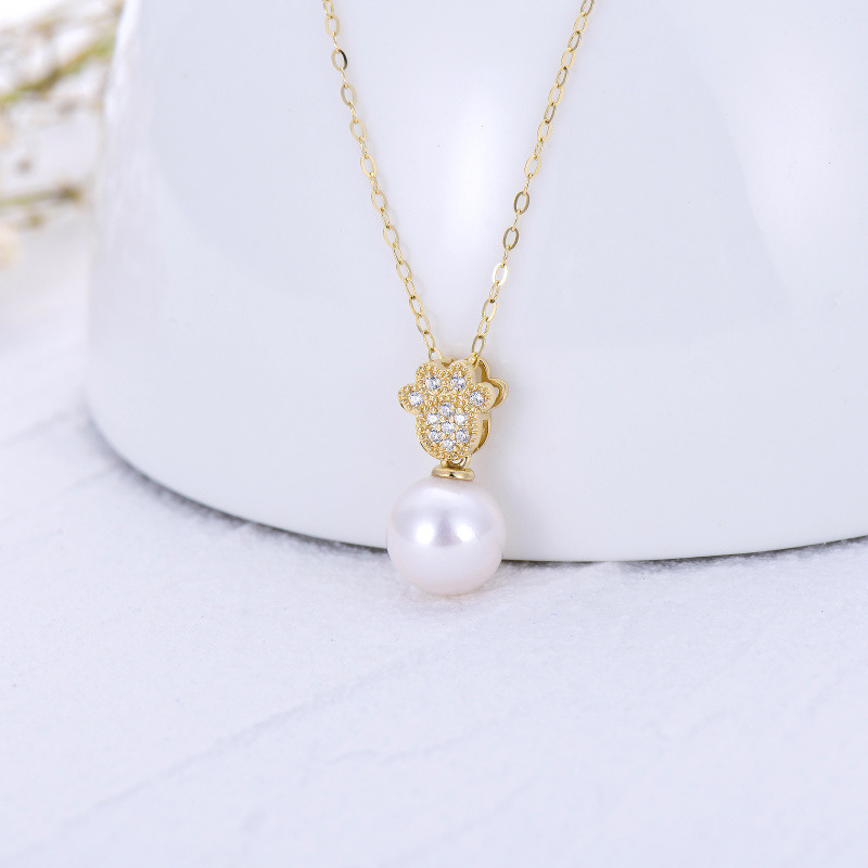 10K White Gold Pearl Paw Pendant Necklace-4