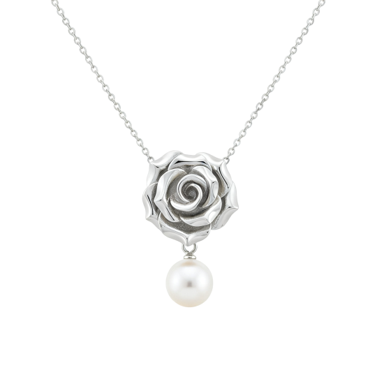 Colar com pendente de pérola, rosa e mãe em ouro branco 10K