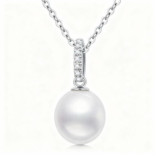10K White Gold Pearl Round Pendant Necklace