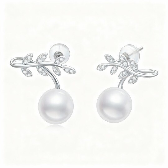 10K White Gold Pearl Round Stud Earrings