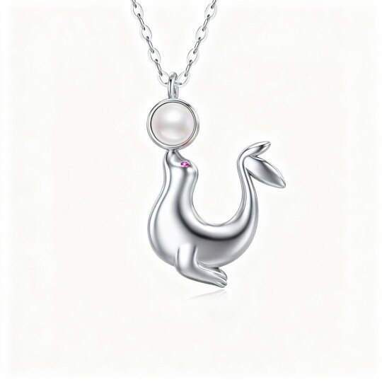 10K White Gold Pearl Sea Lion Pendant Necklace
