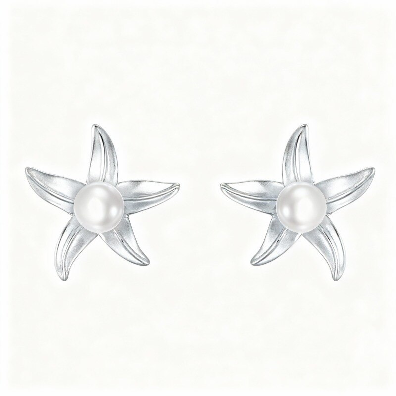 Pendientes de estrella de mar con perlas y oro blanco de 9 quilates-1