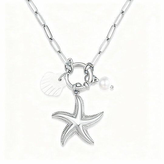 Collier pendentif étoile en or blanc 10 carats et perle