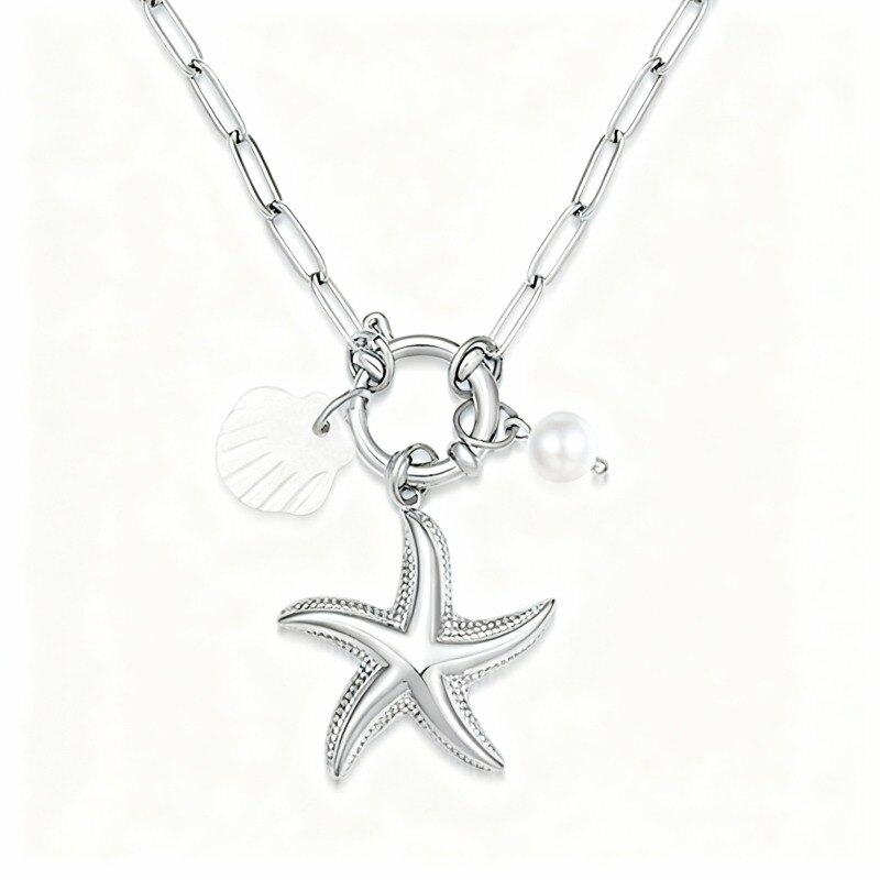 10K White Gold Pearl Star Pendant Necklace-1