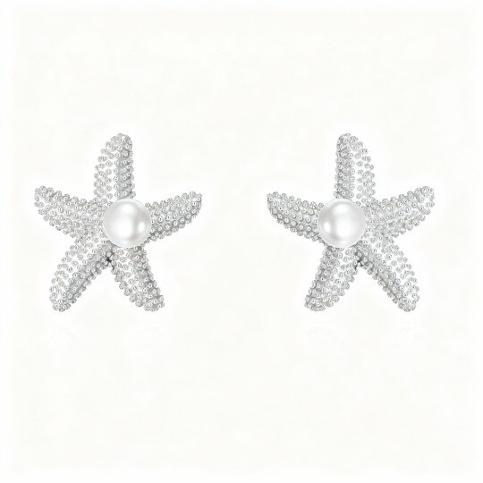 Boucles d'oreilles puces en or blanc 10 carats avec perle en forme d'étoile