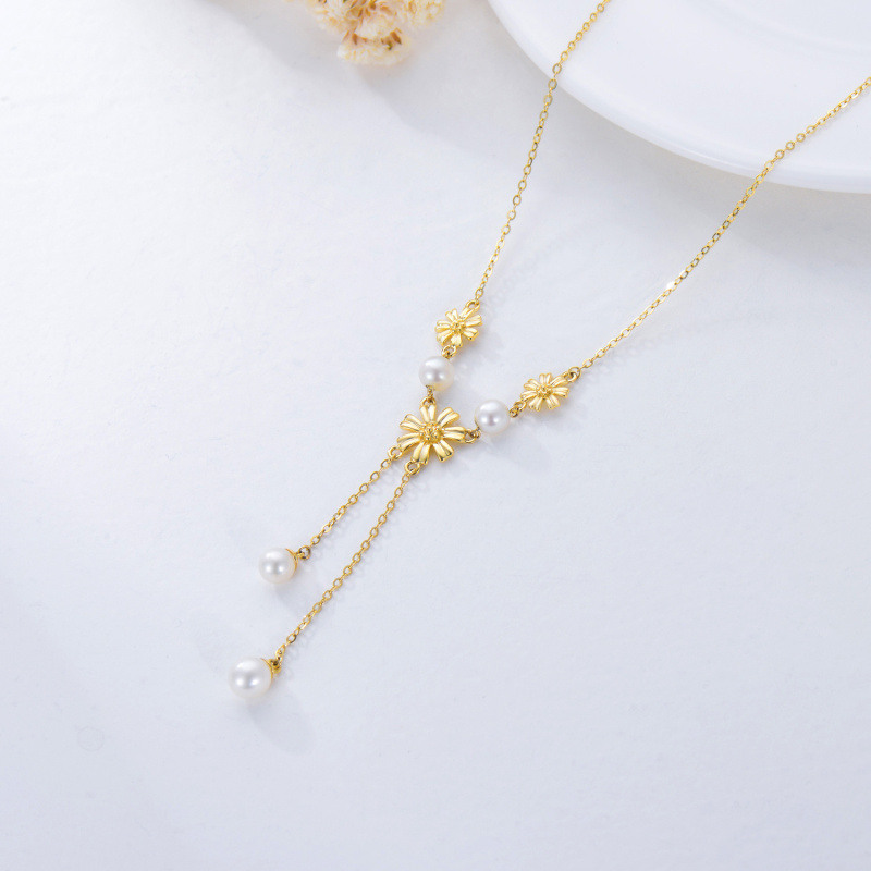 10K Gold Pearl Sunflower Pendant Necklace-3