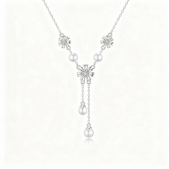 10K White Gold Pearl Sunflower Pendant Necklace