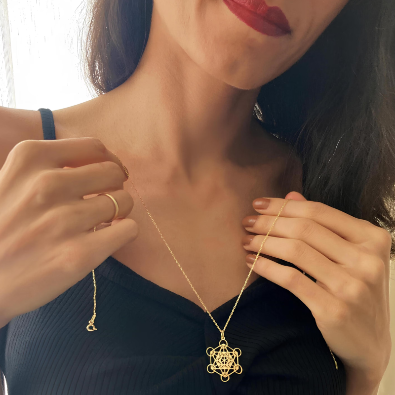 Collier pendentif pentagramme et rond en or 14 carats-3