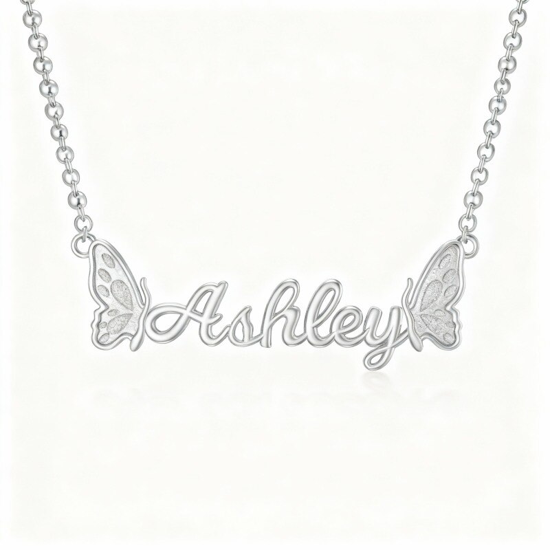 Collar con colgante de mariposa clásico personalizado con nombre en oro blanco de 10 quilates-7