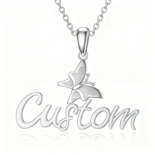 Collar con colgante de mariposa clásico personalizado con nombre en oro blanco de 14 quilates