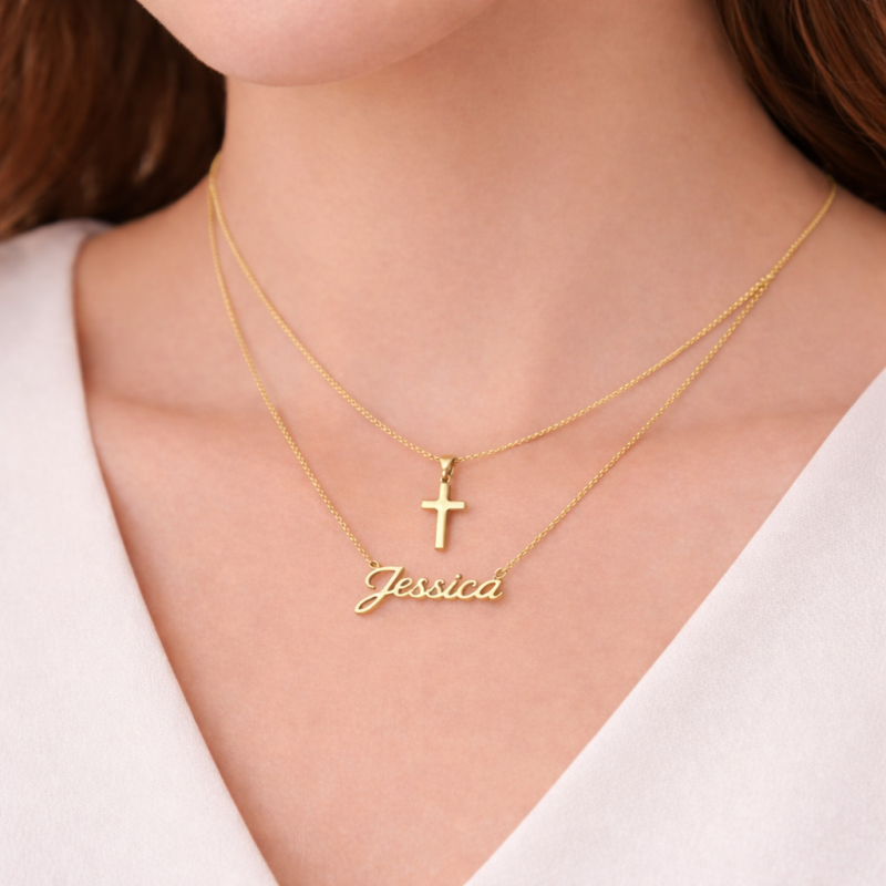 10K Rose Gold Personalized Classic Name & Cross Layered Necklace-2