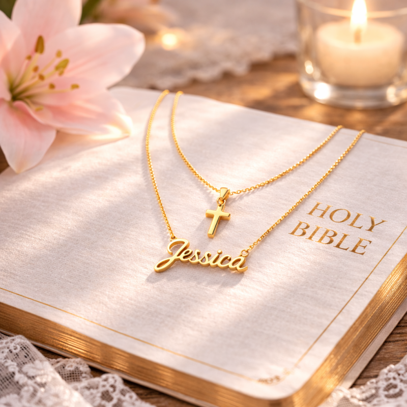 10K Rose Gold Personalized Classic Name & Cross Layered Necklace-3