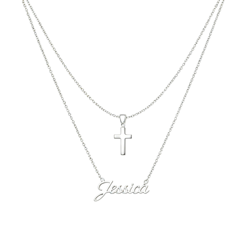 Collar clásico de capas con nombre personalizado y cruz, chapado en platino y oro blanco.-1