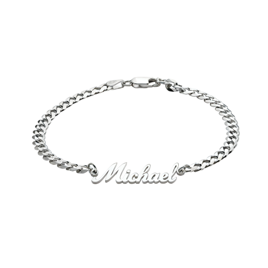 Pulsera con dije clásico personalizado de oro blanco de 18 quilates con nombre y dijes para padre e hija, padre e hijo y padre para hombre.