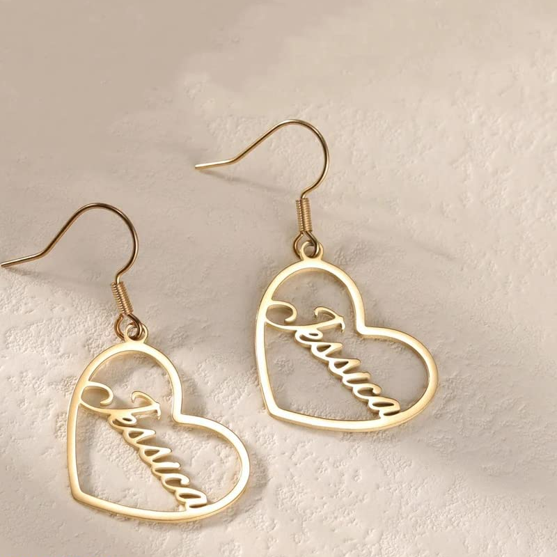 14K White Gold Personalized Classic Name & Heart Drop Earrings-3