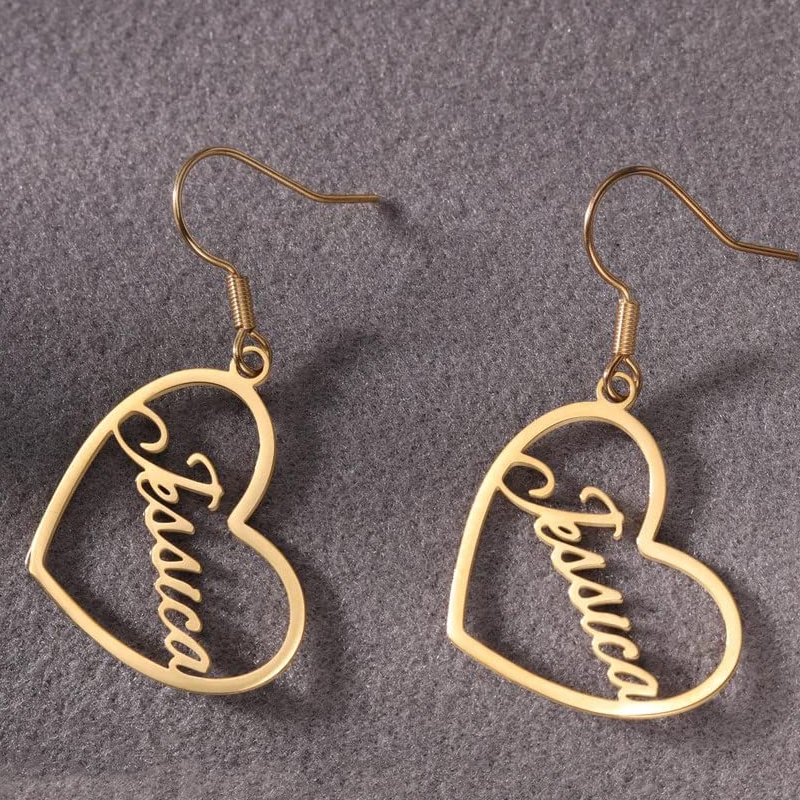 14K White Gold Personalized Classic Name & Heart Drop Earrings-4
