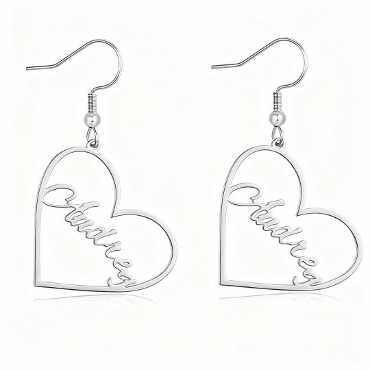 Boucles d'oreilles pendantes classiques personnalisées avec nom et cœur en or blanc 10 carats