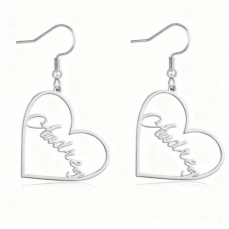 14K White Gold Personalized Classic Name & Heart Drop Earrings-1