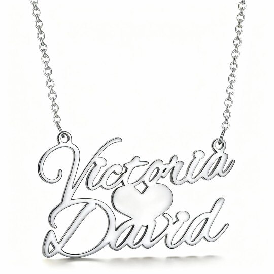 Collier pendentif classique personnalisé avec nom et cœur en or blanc 10 carats