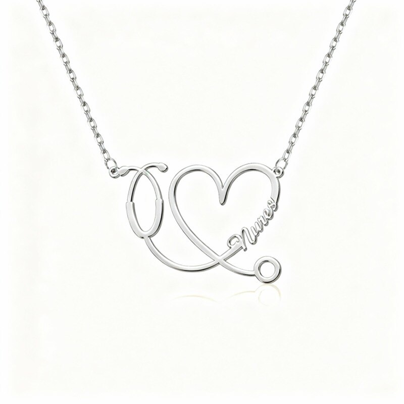 Collar con colgante clásico personalizado de oro blanco de 10 quilates con nombre, corazón y estetoscopio-1
