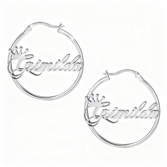 Boucles d'oreilles créoles classiques personnalisées avec nom en or blanc 10 carats
