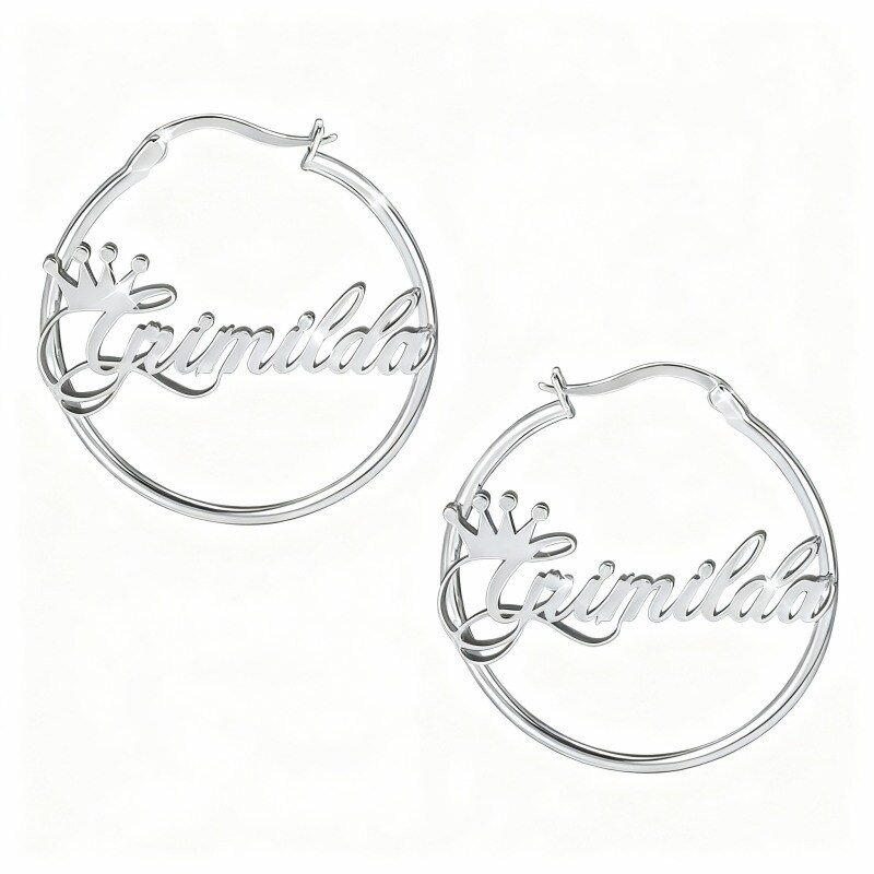 Boucles d'oreilles créoles classiques personnalisées avec nom, en platine plaqué or blanc-1