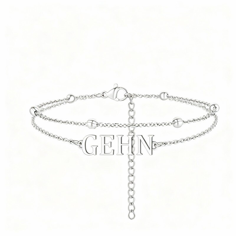 Bracelet de cheville à plusieurs rangs en platine plaqué or blanc, personnalisé avec un nom classique.-1