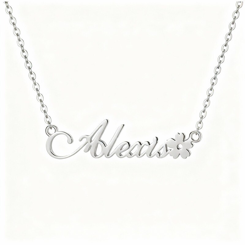Collar con colgante clásico personalizado con nombre en oro blanco de 10 quilates-1