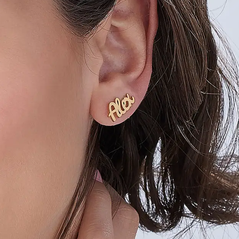 Pendientes de botón personalizados con nombre en oro de 14 quilates para mujer-2