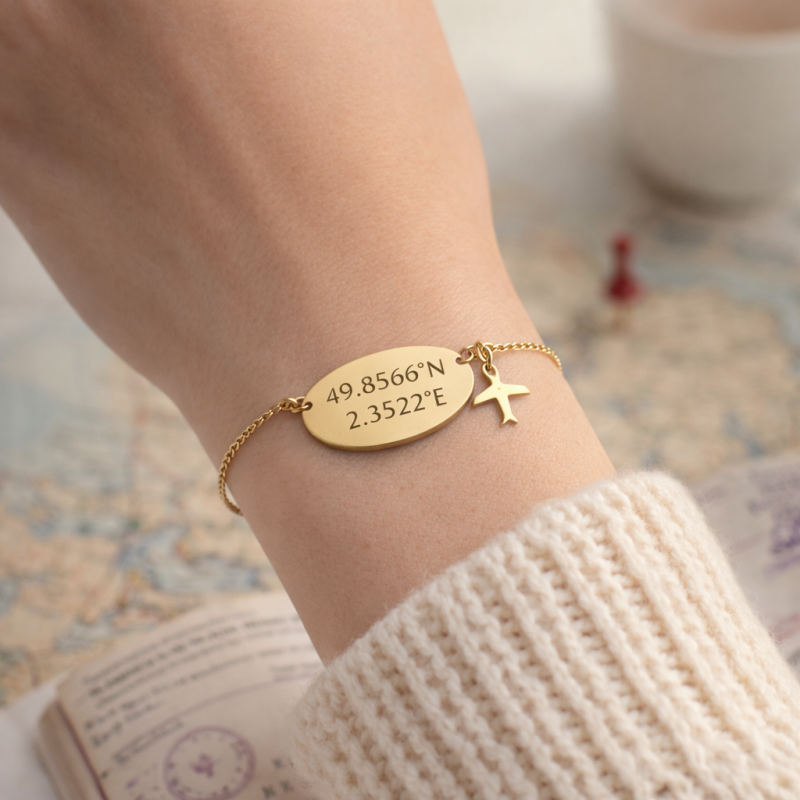 Pulsera con dije de avión y grabado personalizado en oro blanco de 10 quilates-2