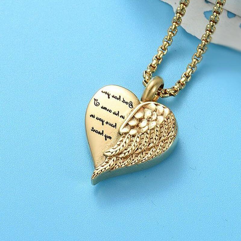 Collier urne en or 14K avec gravure personnalisée, aile d'ange et cœur, pour cendres-2