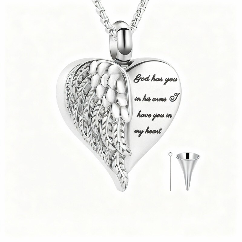 Collier urne en or blanc 10K avec gravure personnalisée, aile d'ange et cœur, pour cendres-1