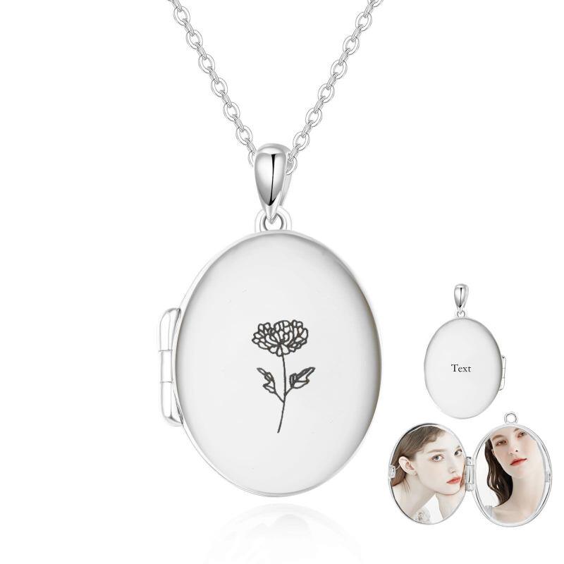 Collier médaillon photo personnalisé en or blanc 18 carats avec gravure personnalisée, fleur de naissance et photo.-2