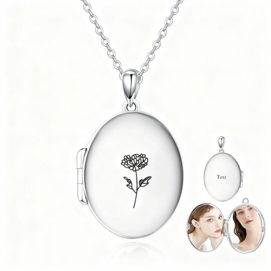 Collar con medallón personalizado de oro blanco de 10 quilates con grabado de flor de nacimiento y foto.