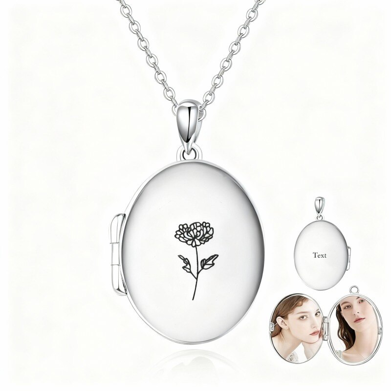 Collier médaillon photo personnalisé en or blanc 18 carats avec gravure personnalisée, fleur de naissance et photo.-1
