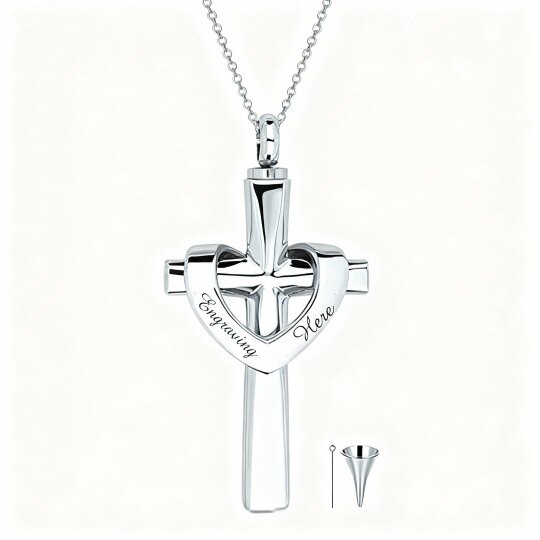 Collier urne funéraire en or blanc 10 carats avec gravure personnalisée, croix et cœur
