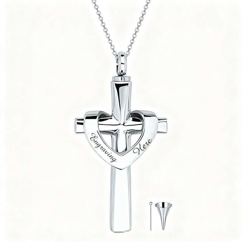 Collier urne funéraire en or blanc 10 carats avec gravure personnalisée, croix et cœur-16