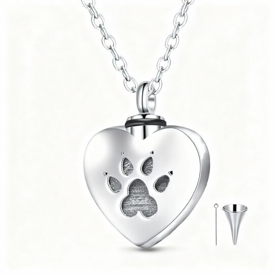 10K White Gold & Personalized Engraving Dog & Paw & Heart Urn Necklace for Ashes