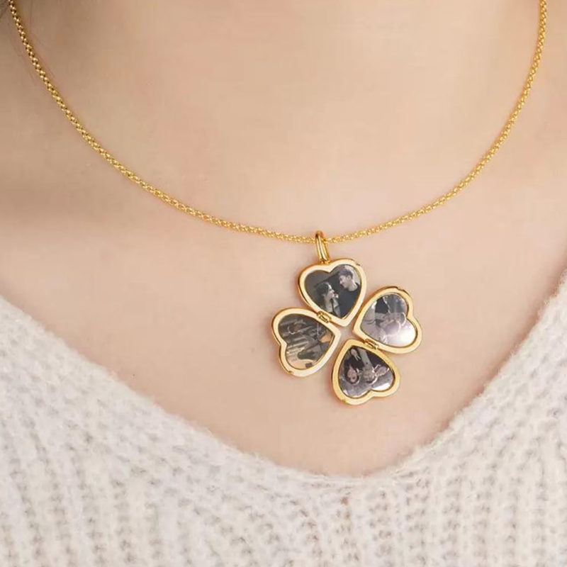 Platinum with White Gold Plated & Personalized Engraving Four Leaf Clover & Personalized Photo & Heart Personalized Photo Locket Necklace-2