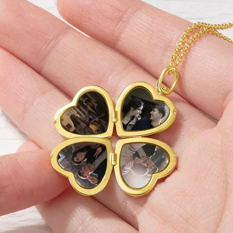 Platinum with White Gold Plated & Personalized Engraving Four Leaf Clover & Personalized Photo & Heart Personalized Photo Locket Necklace-4