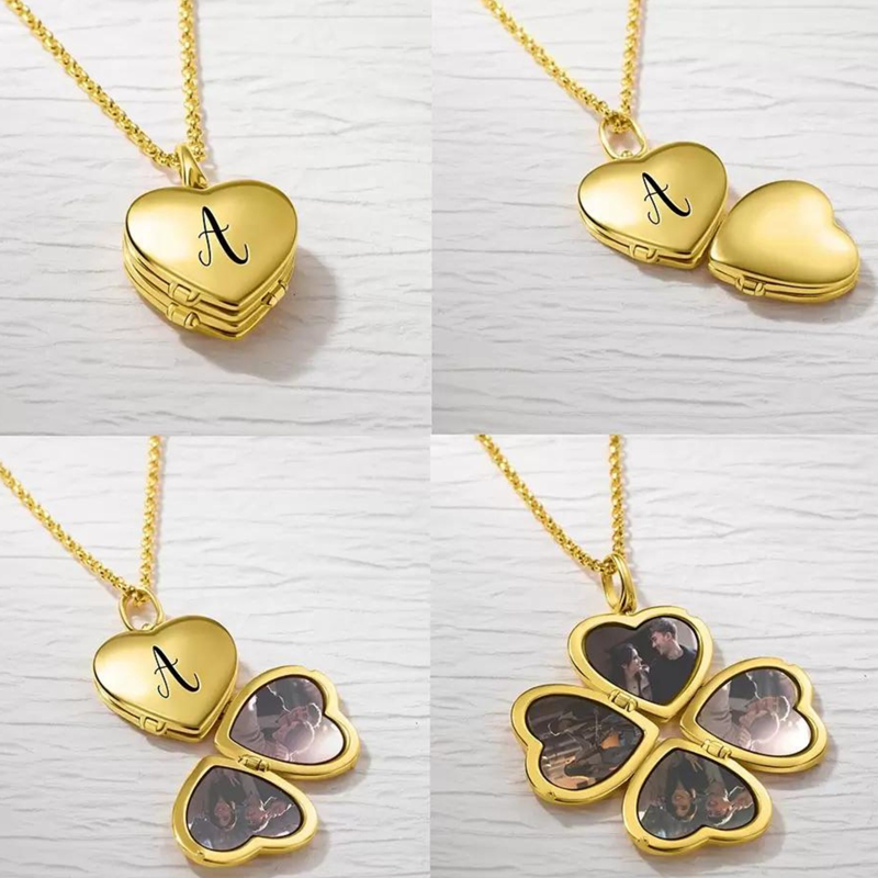 Platinum with White Gold Plated & Personalized Engraving Four Leaf Clover & Personalized Photo & Heart Personalized Photo Locket Necklace-6