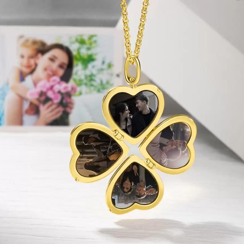 Platinum with White Gold Plated & Personalized Engraving Four Leaf Clover & Personalized Photo & Heart Personalized Photo Locket Necklace-7